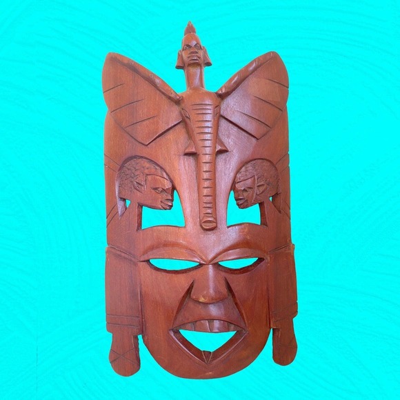 African Wooden Hand Carved Mask Humans And Elephant Carvings 16” Vtg - Picture 4 of 11